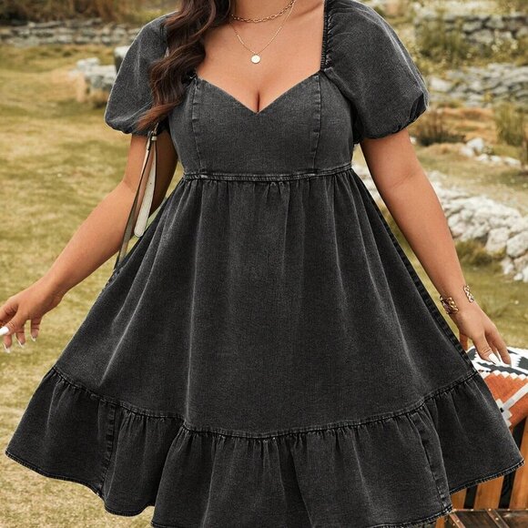 Black Cute Women's Plus Size Ruffle Lantern Sleeve Dress - Picture 8 of 8